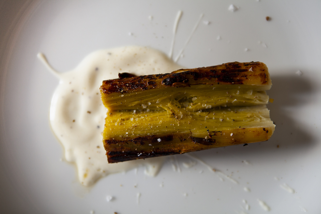 Porro bruciato, tzatziki e olio al porro