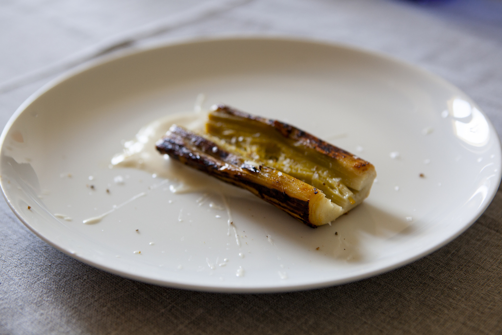 Porro bruciato, tzatziki e olio al porro